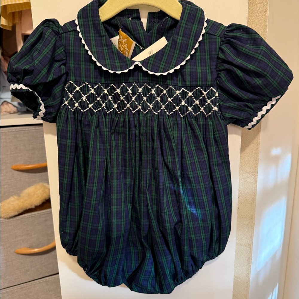The Beaufort Bonnet Company Green and Blue Plaid Smocked Bubble